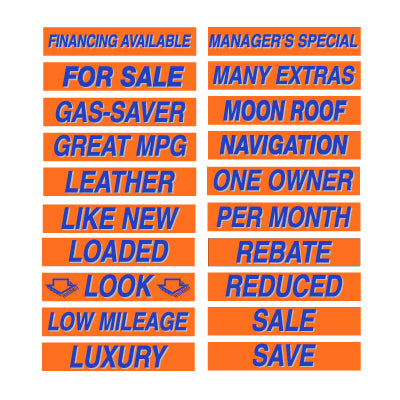 15" Fluorescent Blue and Orange Adhesive Windshield Slogans